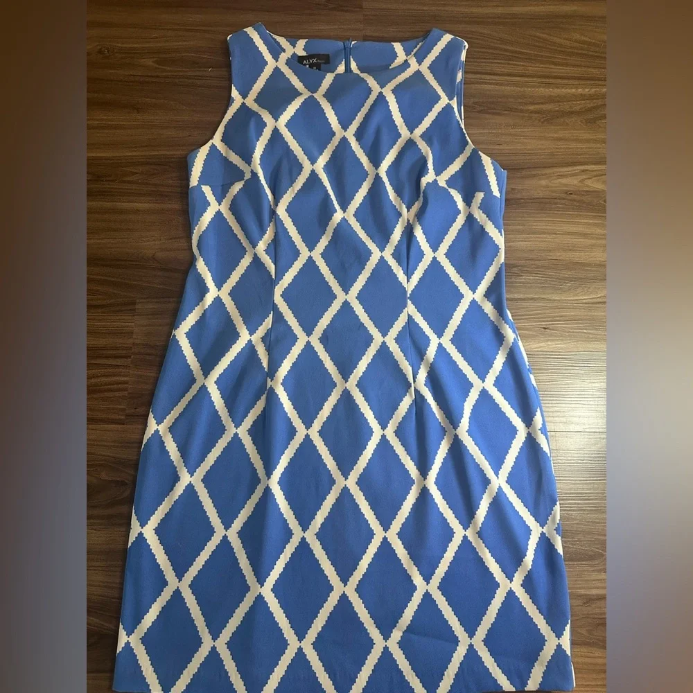 ALYX Dress Blue White Geometric Sheath Dress Size 16 Sleeveless Stretch - Picture 2 of 10